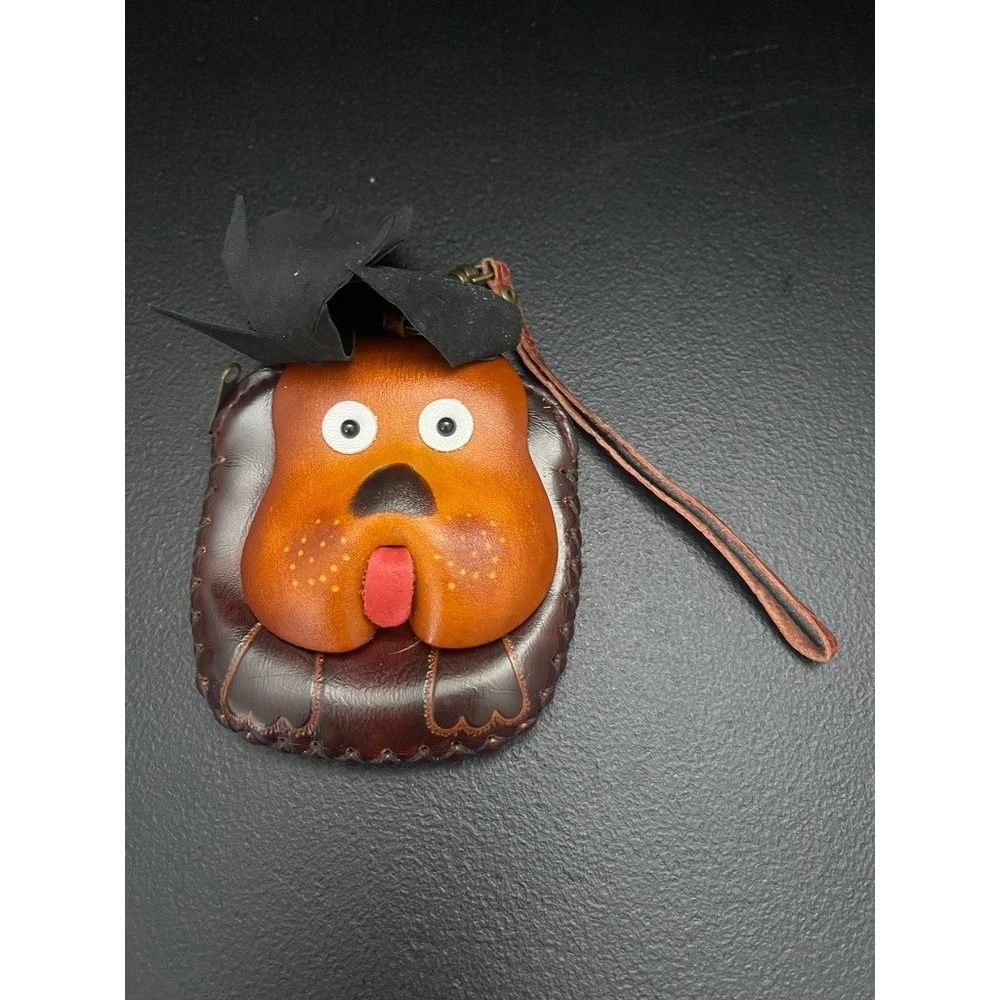 Handmade Leather Dog Face Coin Purse Bag Charm Keychain Brown 3D Novelty Wallet
